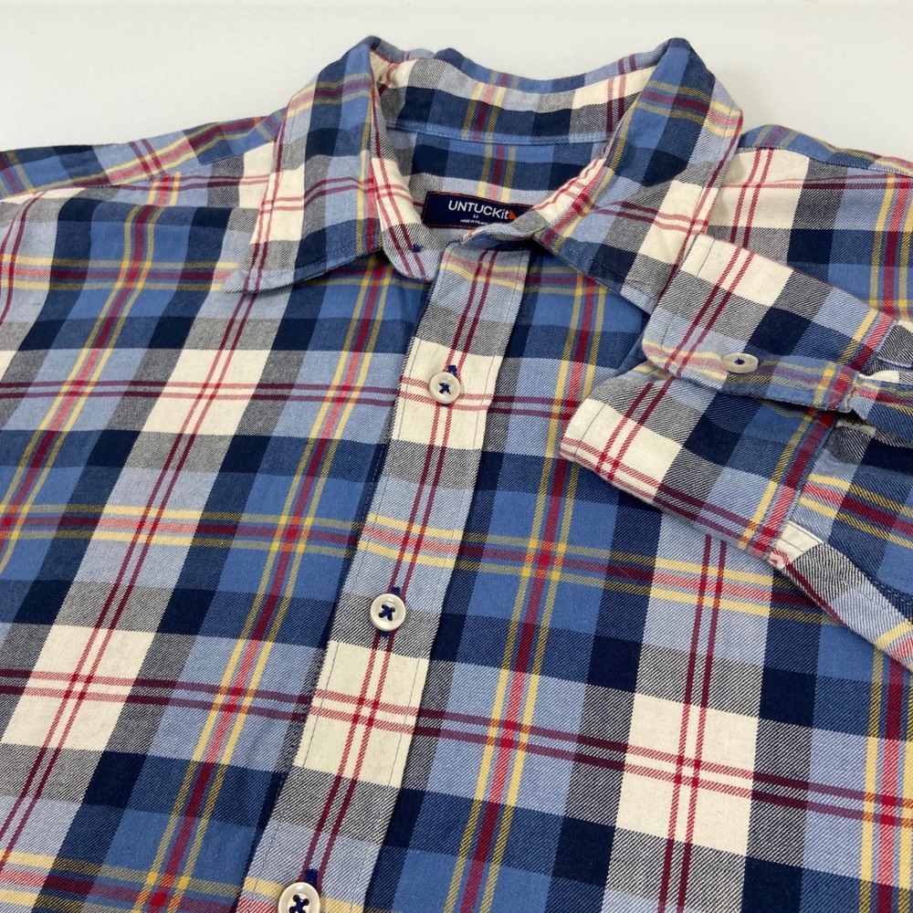 UNTUCKit Men's Medium Blue/Red/White Plaid Long Sleeve Button Down ShirtCotton